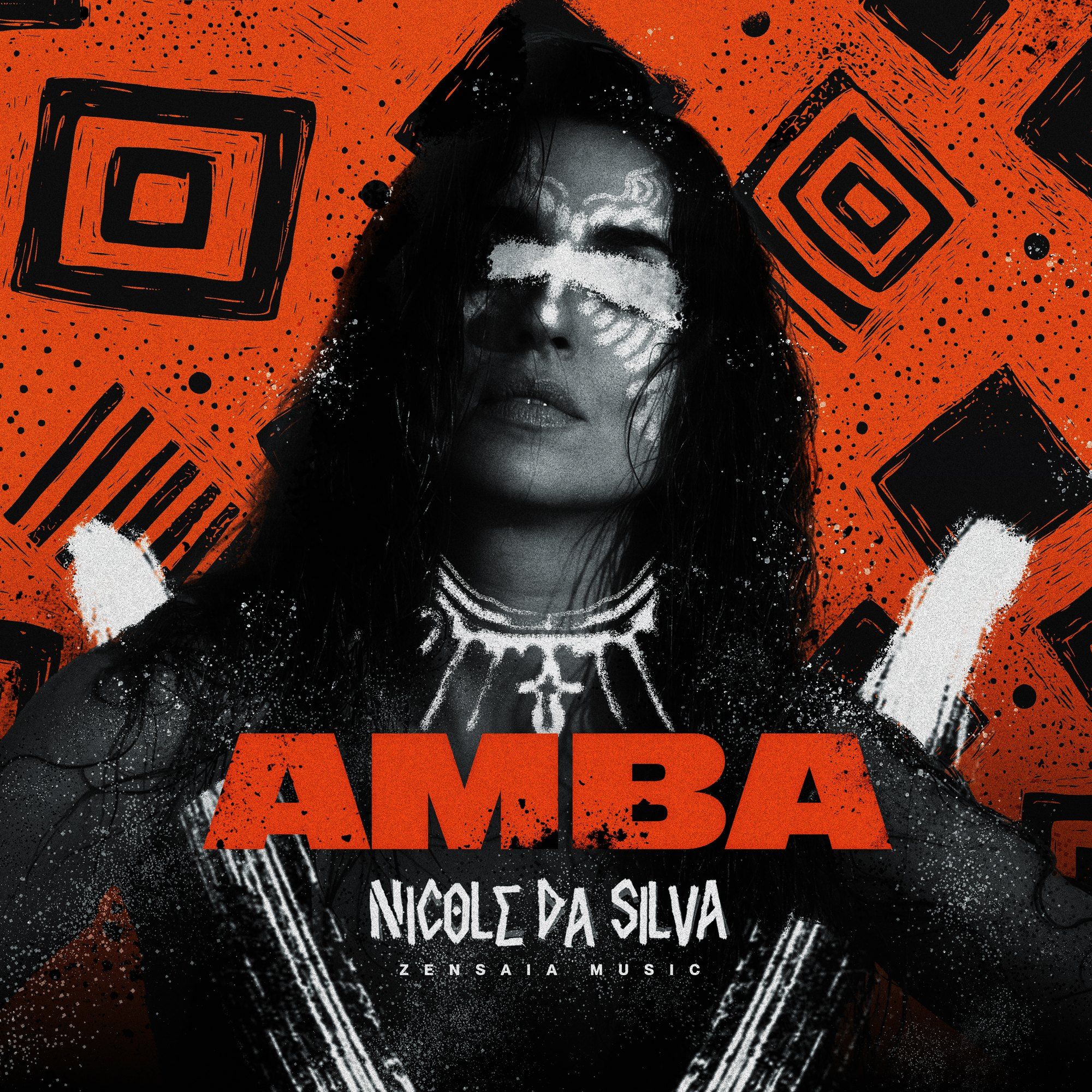 Nicole Da Silva, album cover AMBA, face with white paint in front of an orange and black pattern, 2025, photographed by Kilian Amrehn