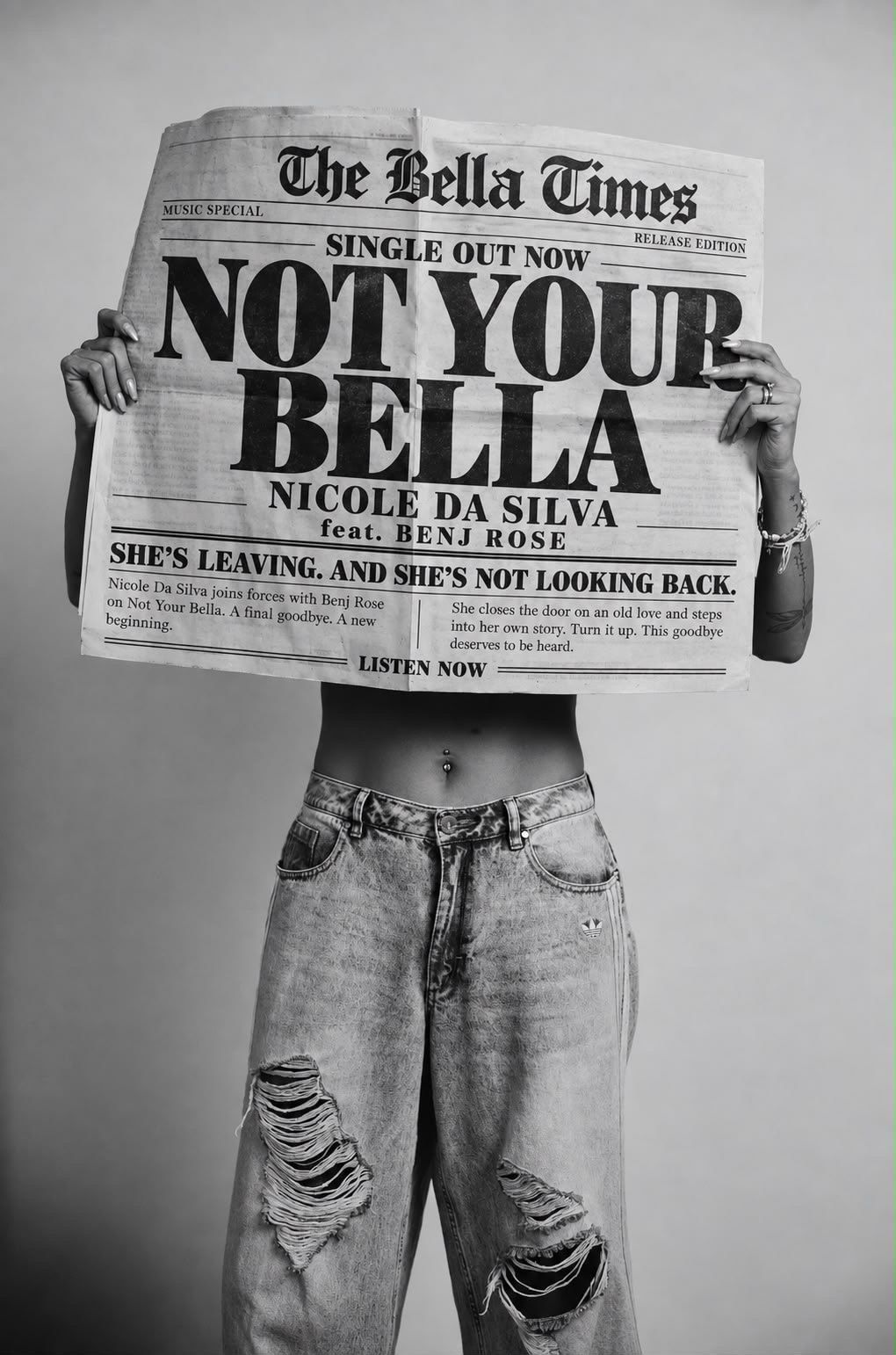 Nicole Da Silva, musician, holding a newspaper headlined Not Your Bella in front of her face, ripped jeans, 2025, photographed by Kilian Amrehn