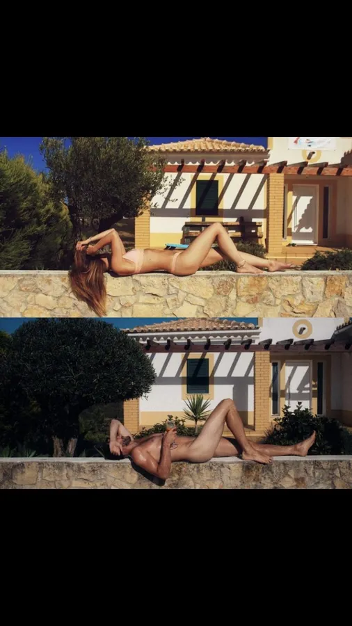 Diptych: two people sunbathing naked on a wall in front of a pale villa, flash by Kilian Amrehn