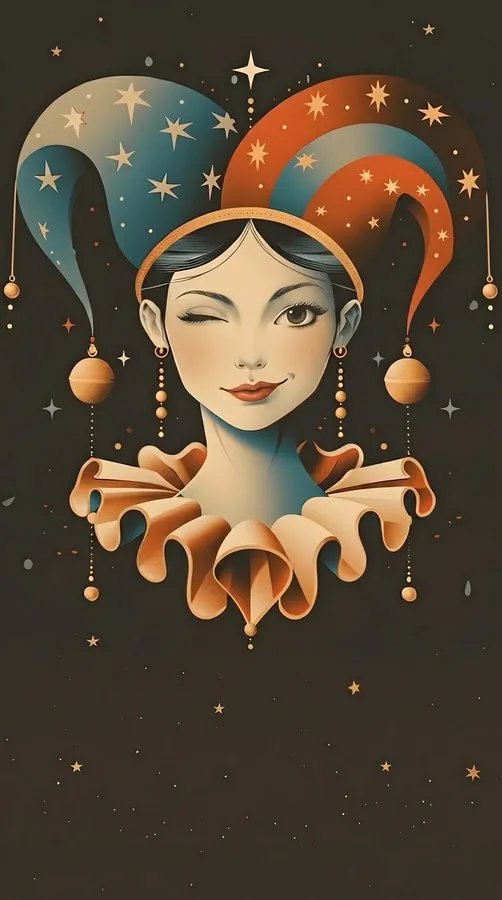 Illustration of a winking female jester in a fool's cap for the VERGE app, flash by Kilian Amrehn