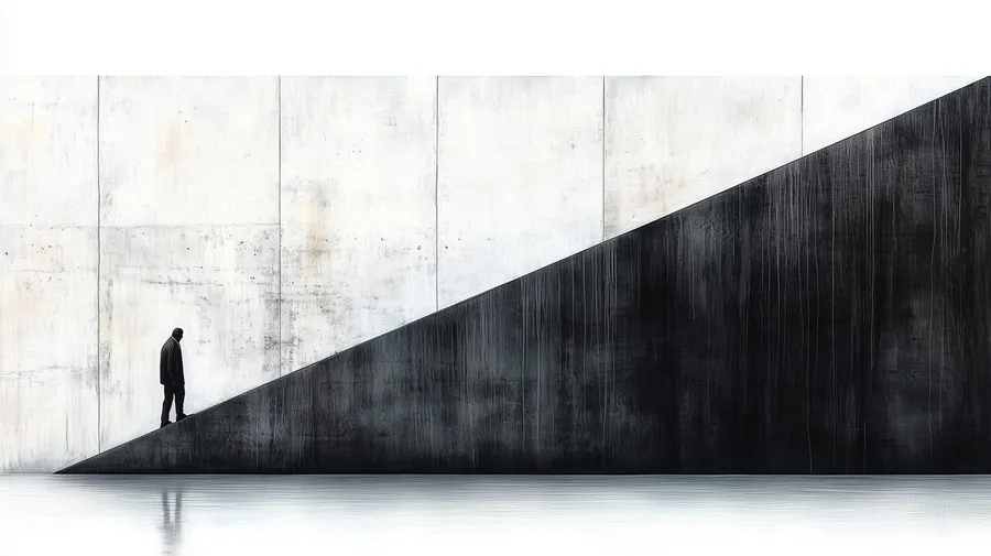 AI image: tiny figure walking along a black slope in front of a white concrete wall, flash by Kilian Amrehn