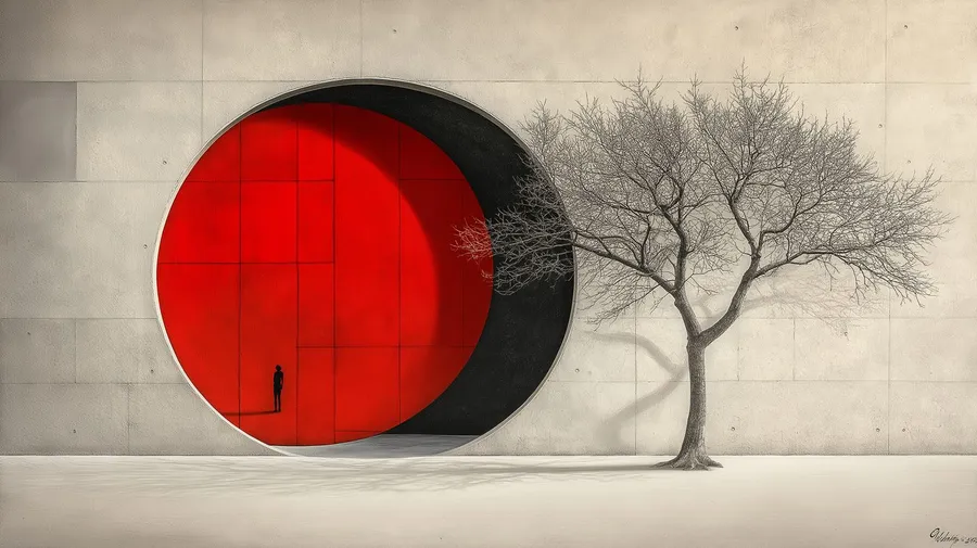 AI image: red circle in a pale wall with a tiny figure, bare tree beside it, flash by Kilian Amrehn