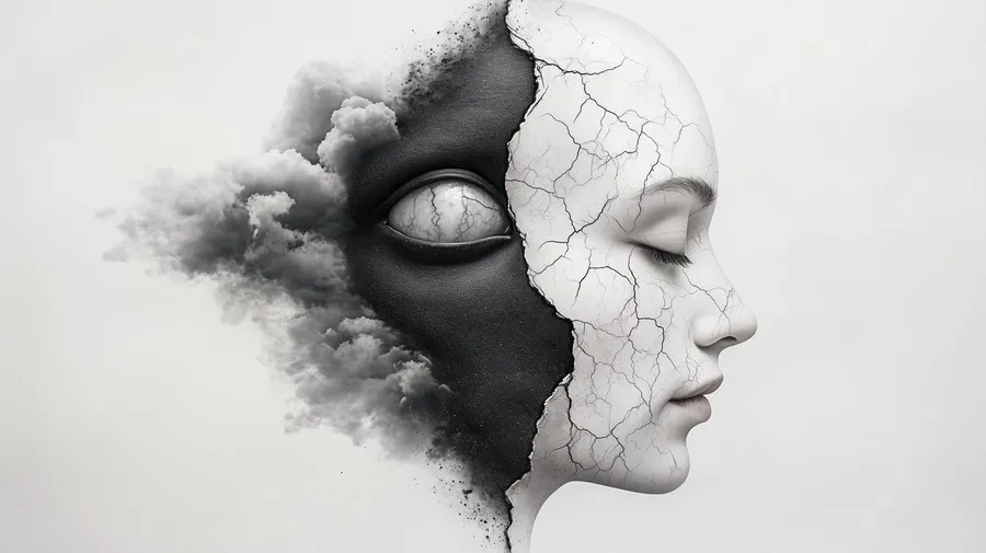 AI image: face profile, half white and cracked, half black dissolving into smoke, flash by Kilian Amrehn