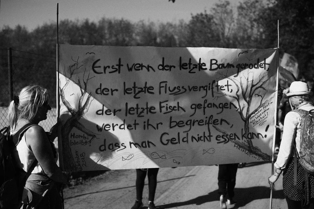 Demonstrierende tragen Transparent mit Spruch über den letzten Baum und das Geld, schwarzweiß, Hambacher Forst 2018, Reportage von Kilian Amrehn