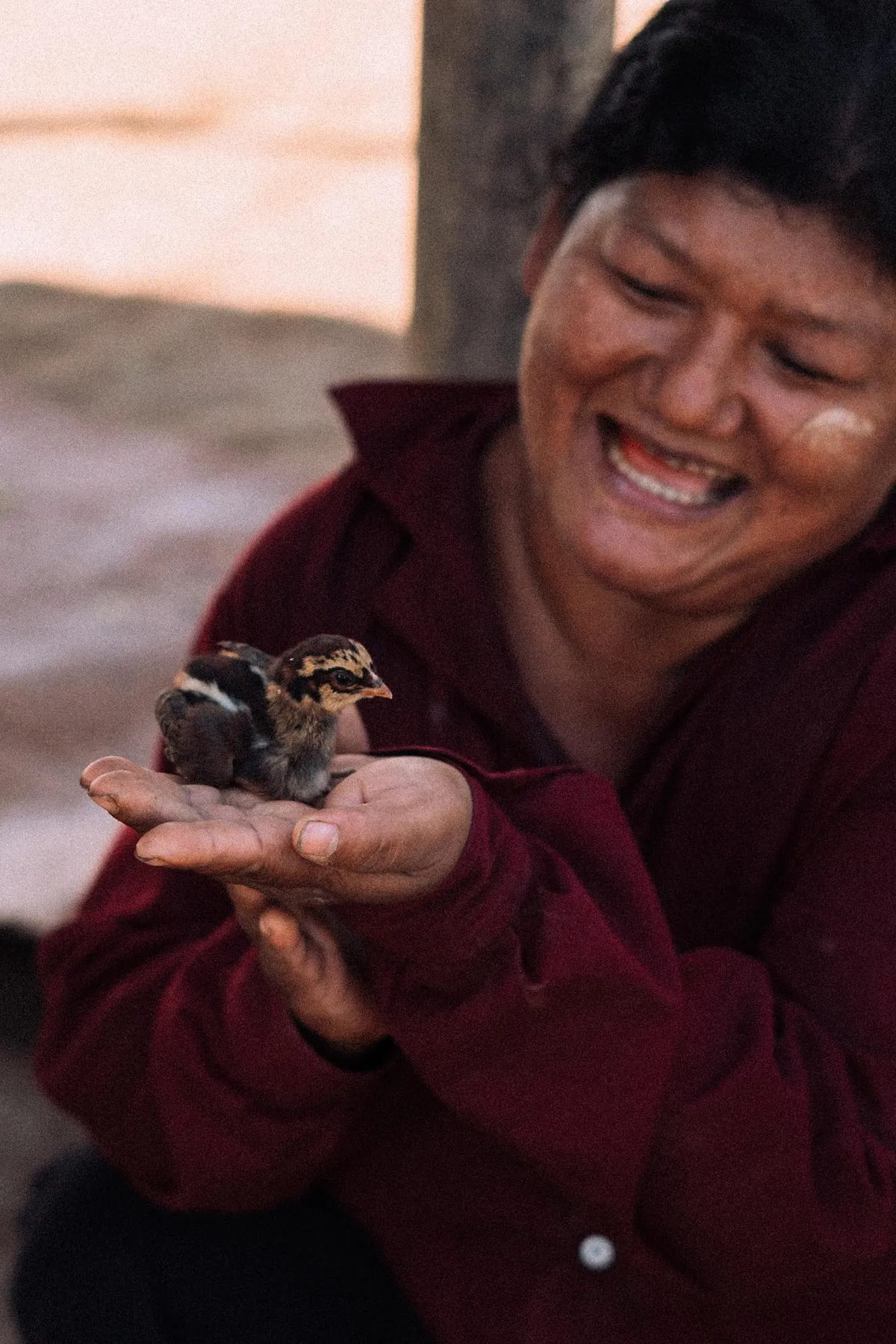 Lachende Frau in dunkelroter Jacke hält ein Küken in den Händen, warmes Licht, Myanmar 2017, Reportage von Kilian Amrehn