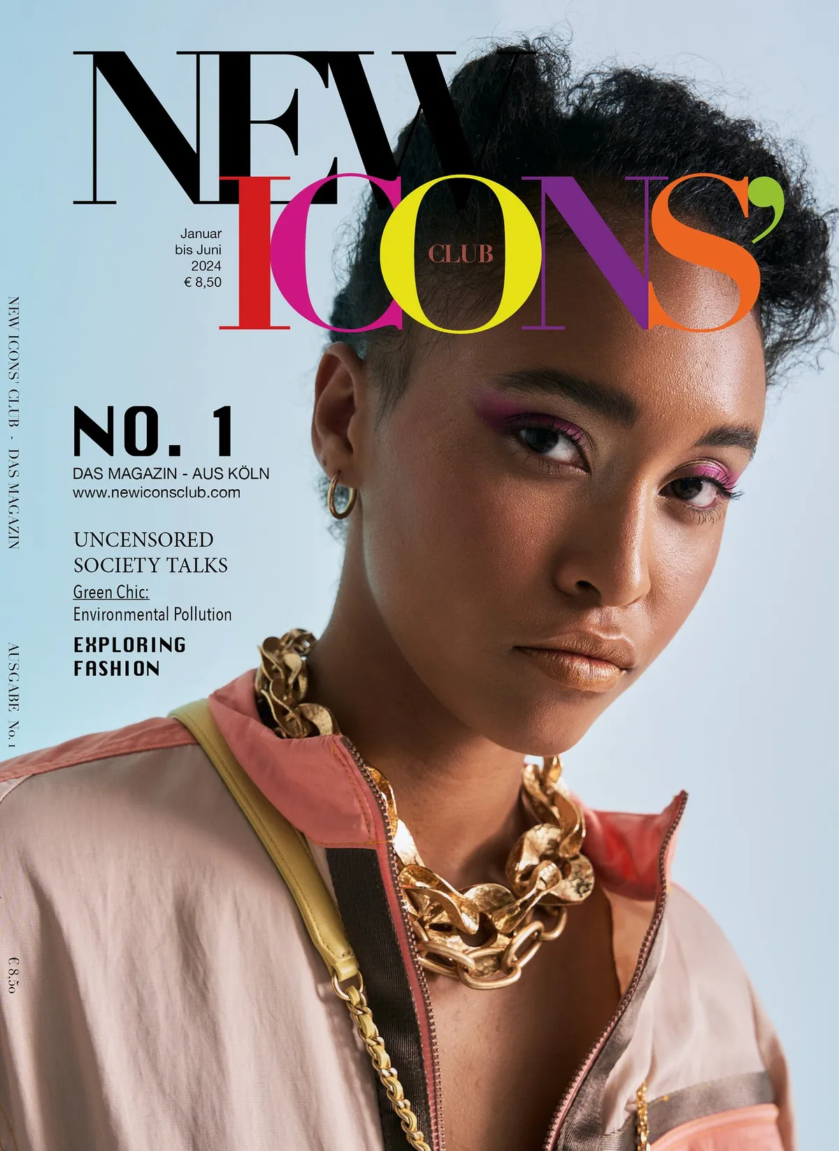 New Icons' Club Magazine, cover No. 1 featuring a model with purple eyeshadow, gold chain necklace and pink jacket, issue 1 2023, photographed by Kilian Amrehn