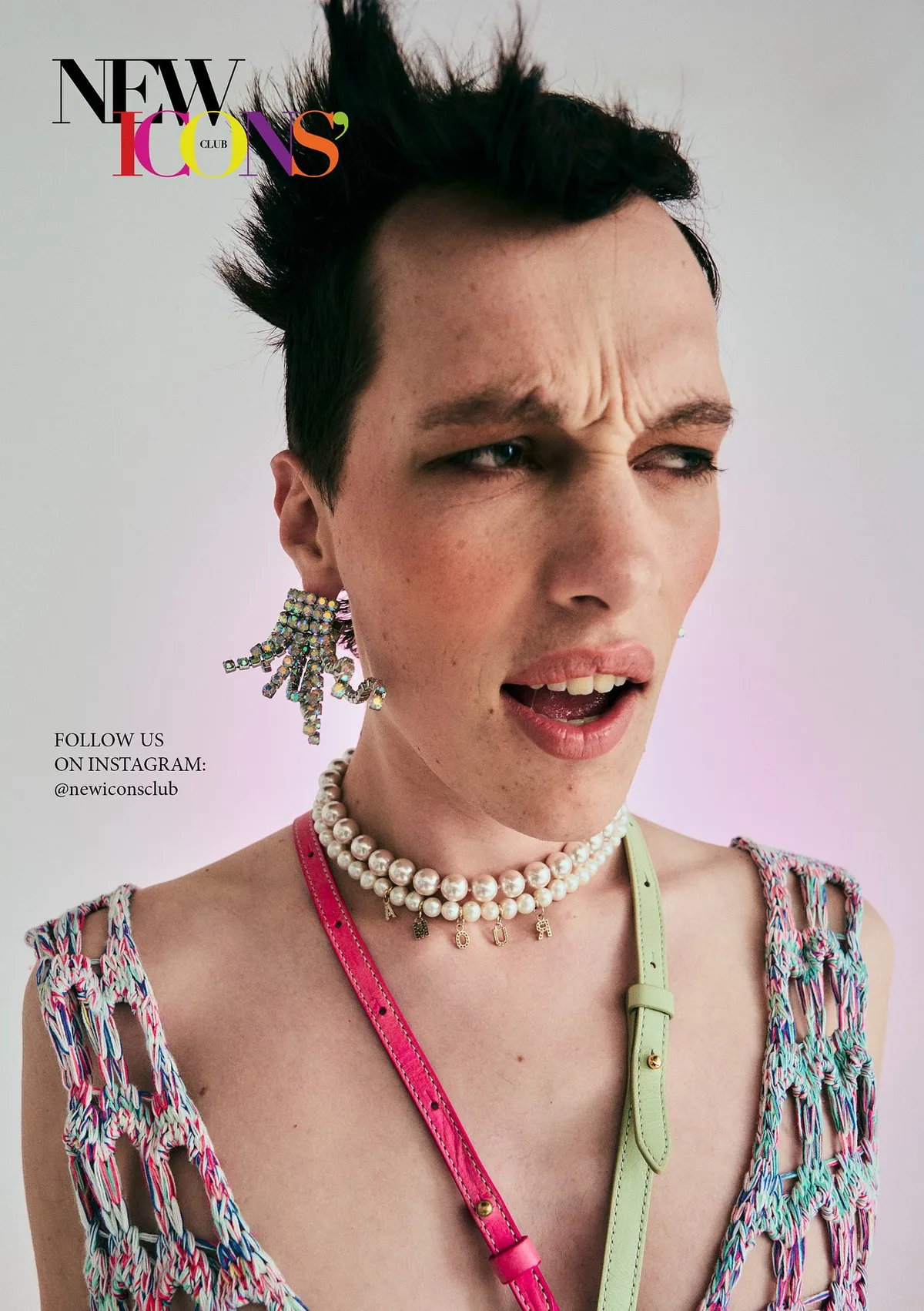 New Icons' Club Magazine, model with spiky hair, pearl necklace and rhinestone earring pulling a face, magazine layout with logo, issue 1 2023, photographed by Kilian Amrehn