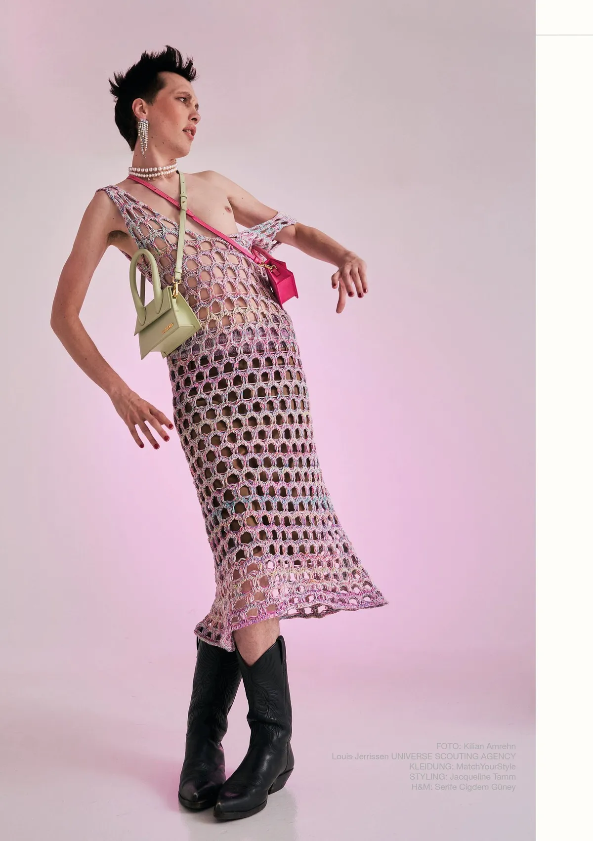 New Icons' Club Magazine, model with a mohawk in a pink crochet dress, cowboy boots and mini bags posing against pink, editorial issue 1 2023, photographed by Kilian Amrehn